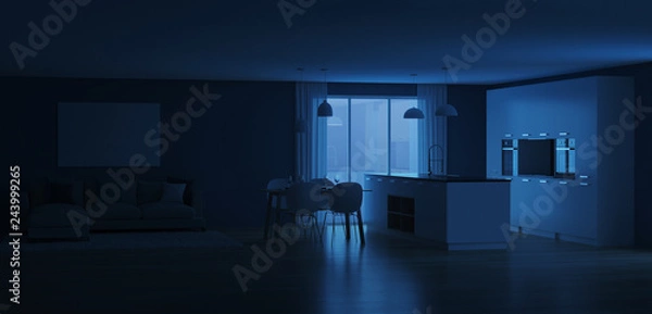 Fototapeta Modern house interior. Night. Evening lighting. 3D rendering.