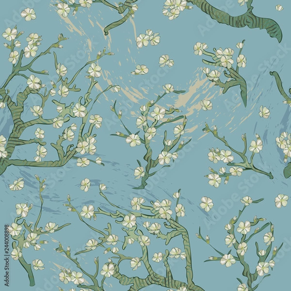 Obraz Wiosna migdałów gałąź, wzór kwiatów w wektorze. Kwitnące drzewo vintage. Styl Boho. Według zdjęć Vincent Van Gogh oddział migdałowy retro.