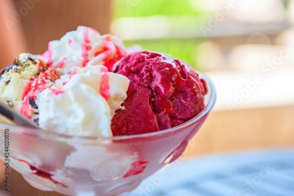 Fototapeta Strawberry Ice Cream In Bowl With Sauce