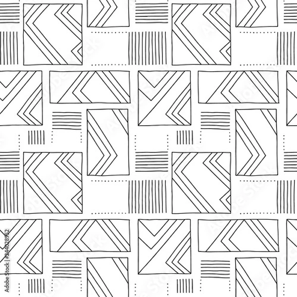 Fototapeta Seamless vector pattern. Black and white geometrical hand drawn background with rectangles, squares, lines. Print for background, wallpaper, packaging, wrapping, fabric.