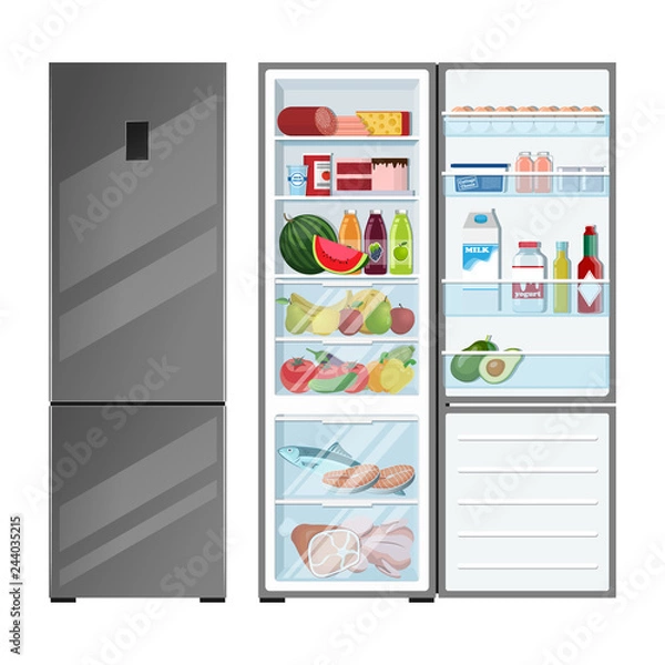 Fototapeta Refrigerator open with food and closed. Vector illustration.