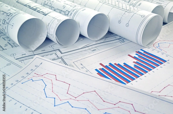 Fototapeta Photo drawings for design engineering works with graphs and diagrams