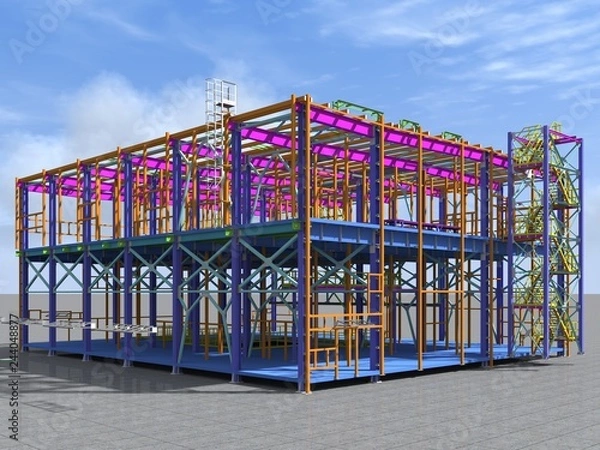 Fototapeta Building Information Model of metal structure. 3D BIM model. The building is of steel columns, beams, connections, etc. 3D rendering. Engineering, industrial, construction BIM background.