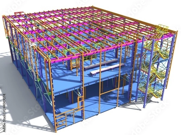 Fototapeta Building Information Model of metal structure. 3D BIM model. The building is of steel columns, beams, connections, etc. 3D rendering. Engineering, industrial, construction BIM background.