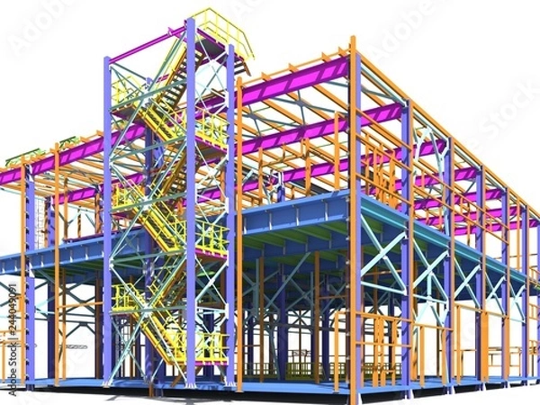 Fototapeta Building Information Model of metal structure. 3D BIM model. The building is of steel columns, beams, connections, etc. 3D rendering. Engineering, industrial, construction BIM background.