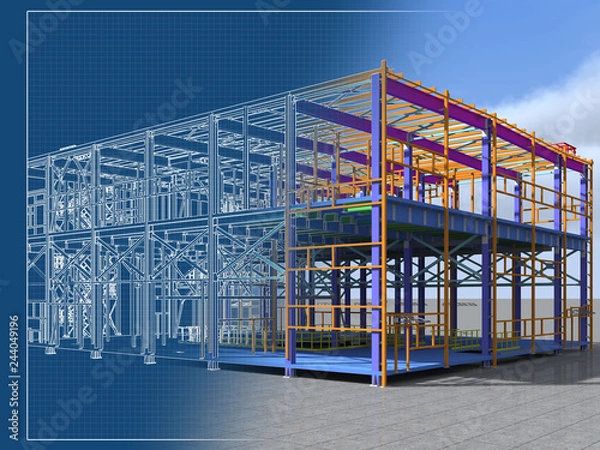 Fototapeta Building Information Model of metal structure. 3D BIM model. The building is of steel columns, beams, connections, etc. 3D rendering. Engineering, industrial, construction BIM background.