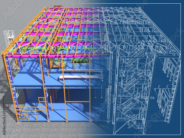 Fototapeta Building Information Model of metal structure. 3D BIM model. The building is of steel columns, beams, connections, etc. 3D rendering. Engineering, industrial, construction BIM background.