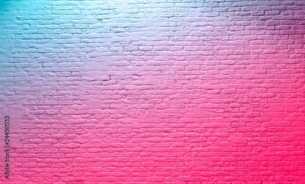Fototapeta brick wall neon pink blue Rustic Texture. Retro used Vintage Structure. Grungy Shabby neon Background. Design Element. Abstract Light with space for text