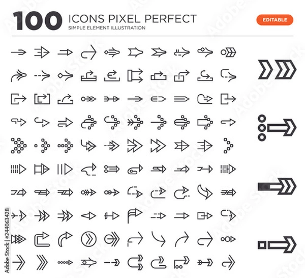 Fototapeta Set of 100 linear icons such as Right arrow, arrow