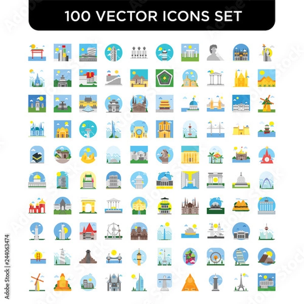 Fototapeta Set of 100 Vector icons such as Statue liberty, Eiffel tower, Empire state building, Sphinx, Christ the eemer, Burj al arab, Cathedral, Colosseum, Great buddha thailand, Kinderdijk windmills