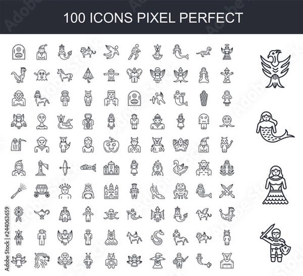 Fototapeta 100 line icon set. Trendy thin and simple icons such as Knight, Princess, Mermaid, Phoenix, Angel, Genie, Warrior, Wizard, Fairy, Monster
