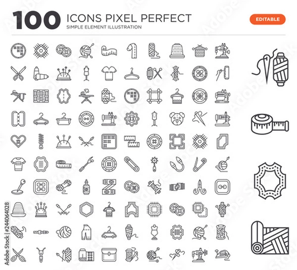 Obraz Set of 100 linear icons such as Fabric, Leather, Measuring tape, Spool thread, Sewing machine, Sewing, Crochet, Thread, Pocket