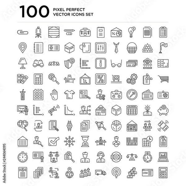 Obraz 100 linear pack of List, Customer relationship management, Team, Target, Truck, Workers, Destination, Conversation, Summary line icons, universal thin stroke icons set