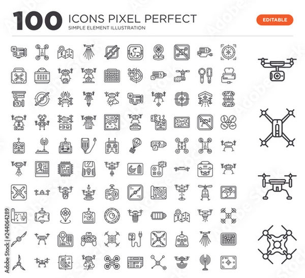 Fototapeta Set of 100 linear icons such as drone, target, antenna, Connection, map, drone