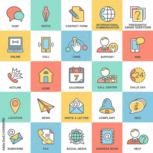 Fototapeta Icons contact us. Methods of communication with the contact center and information. The thin contour lines with color fills.