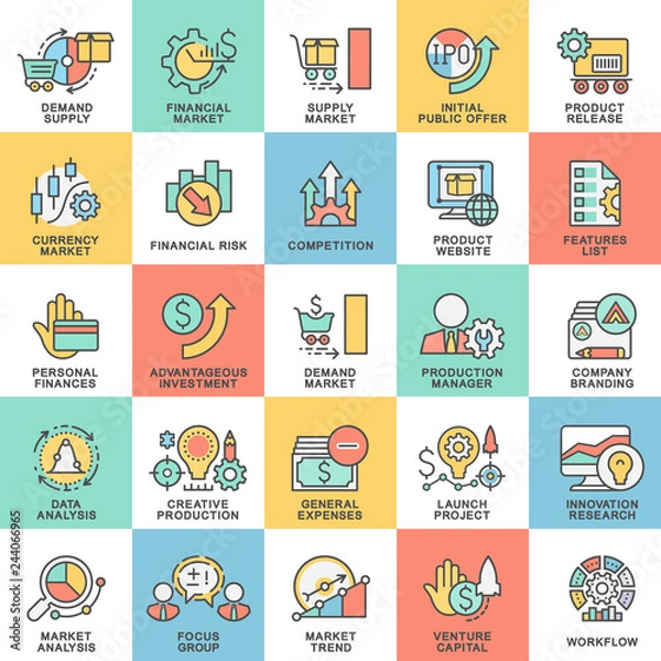 Fototapeta Icons of business management and financial market trends. Creation, financing and implementation of an innovative product. Analysis of supply and demand of the market.