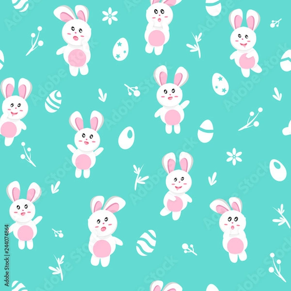 Fototapeta Rabbit in winter, seamless pattern, Happy easter egg, background texture cute baby cartoon seasonal holiday, vector illustration