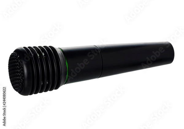 Fototapeta A black microphone with a cord lies on a white background. Isolate