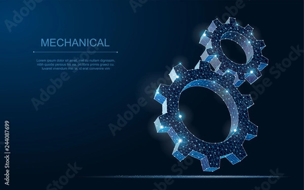 Fototapeta Abstract vector wireframe two gear 3d modern illustration on dark blue background