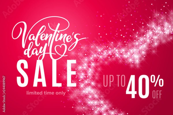 Obraz Valentine's day holiday sale 40 percent off with heart of glitter on red background. Limited time only. Template for a banner, poster, shopping, discount, invitation