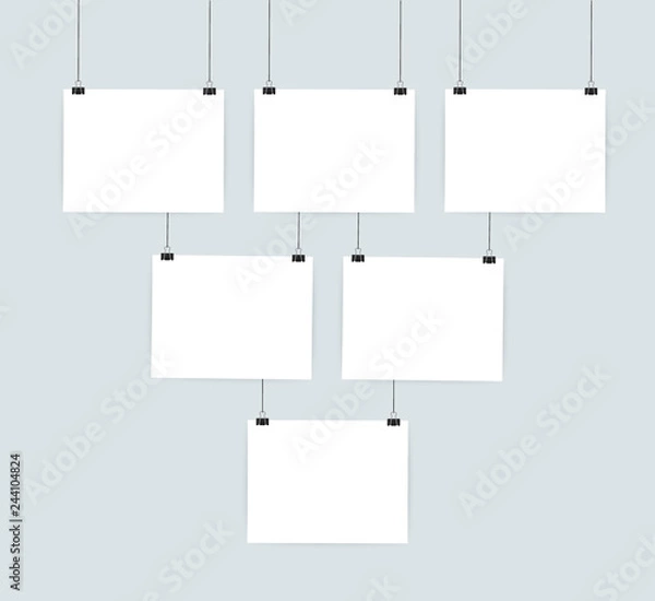 Fototapeta White posters hanging on binder. Grey wall with mock up empty paper blank. Vector illustration.