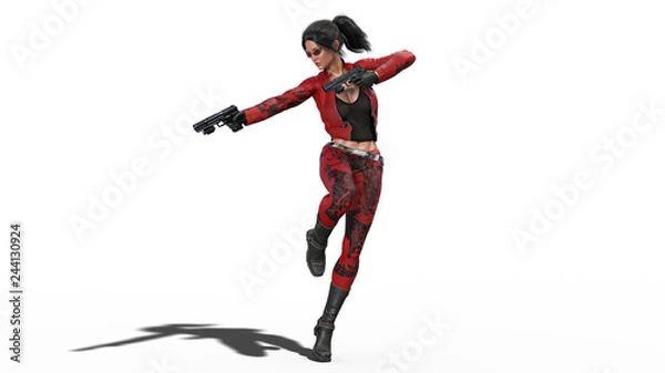 Obraz Action girl in jump shooting guns, woman in red leather suit with hand weapons isolated on white background, 3D rendering