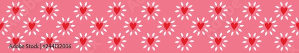 Fototapeta Charming repeat border of red, pink and white glowing hearts on seamless background. Perfect for textile edge designs, fashion, home decor, ribbon, banners, washi tape and tea towel borders.  Vector. 