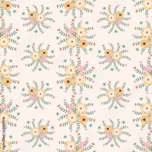 Fototapeta Floral vector artwork for apparel and fashion fabrics, Spring flowers wreath ivy style with branch and leaves. Seamless patterns background.