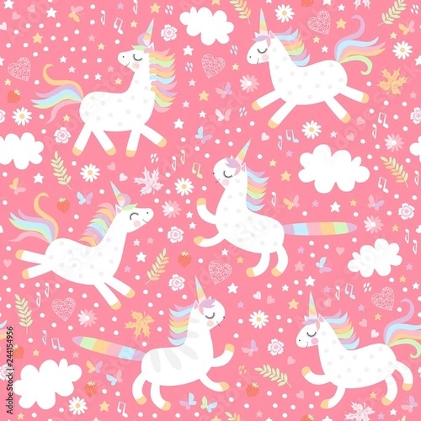 Fototapeta Cute seamless pattern with fairy unicorns on pink background. Print for fabric, textile. Vector Illustration