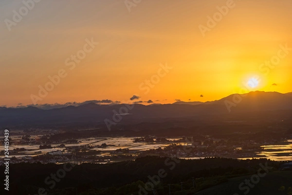 Fototapeta 夕日に染まる田植え時期の大崎耕土