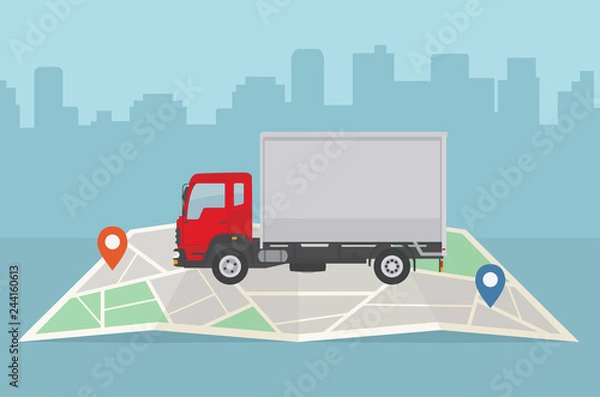 Obraz Delivery truck and map on city background. Transport services, logistics and freight of goods concept. Flat style, vector illustration. 