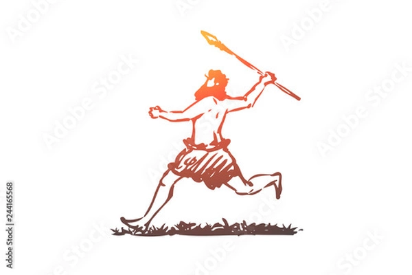 Fototapeta Primitive, man, spear, caveman, hunter concept. Hand drawn isolated vector.