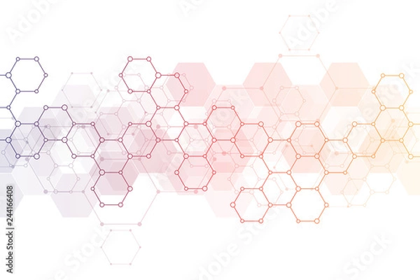 Fototapeta Geometric background texture with molecular structures and chemical engineering. Abstract background of hexagons pattern. Vector illustration for medical or scientific and technological modern design.