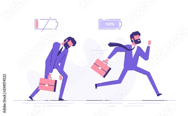 Fototapeta Cheerful businessman running with full of energy battery icon and tired businessman slowly walking with low energy battery icon. Business concept. Flat vector illustration.