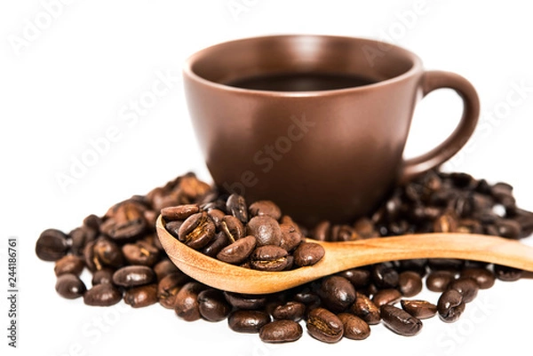 Obraz Coffee Cup And Beans On White Backgrounds