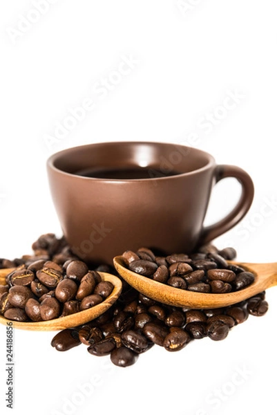 Obraz Coffee Cup And Beans On White Backgrounds