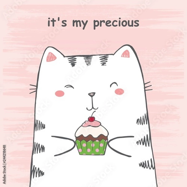 Fototapeta Vector illustration of hand drawn sketch cartoon white cat hugs muffin on scratched grunge pink background peeking out from image corner with lettering It's my precious