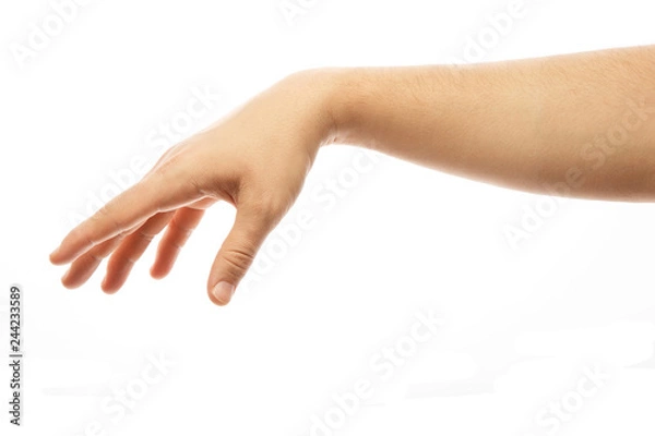 Obraz Man hand throwing invisible objects. Hand throwing away something isolated on white background.