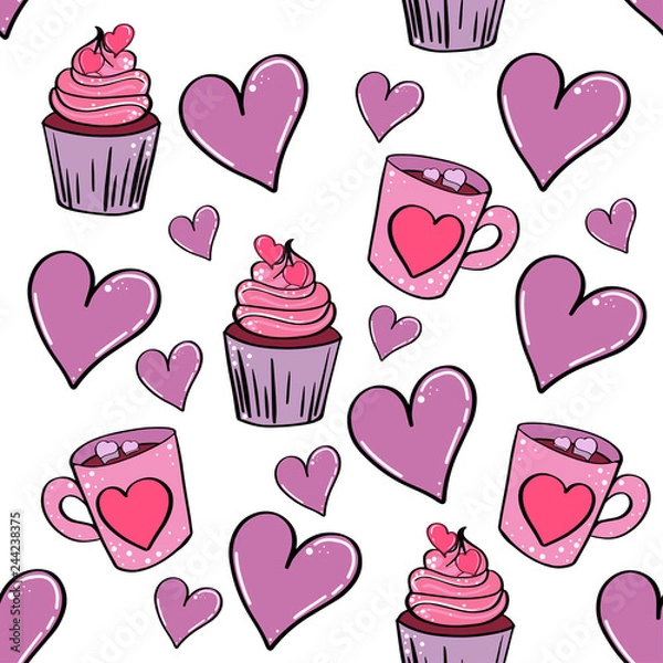 Fototapeta  pattern with hearts and cupcakes vector