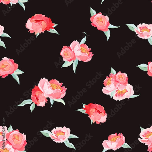 Fototapeta Peony Flowers seamless vintage vector summer pattern. Floral background for wallpapers, web page, texture, textile, backdrop