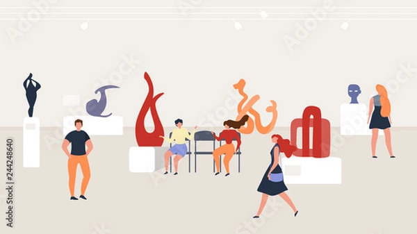 Obraz Museum Visitors Looking on Sculptures Flat Vector