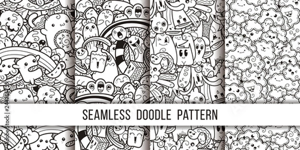 Fototapeta Collection of funny doodle monsters seamless pattern for prints, designs and coloring books