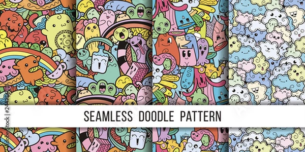 Fototapeta Collection of funny doodle monsters seamless pattern for prints, designs and coloring books