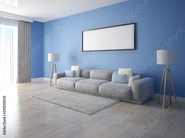 Fototapeta Mock up a spacious living room with a large comfortable sofa and a trendy background.