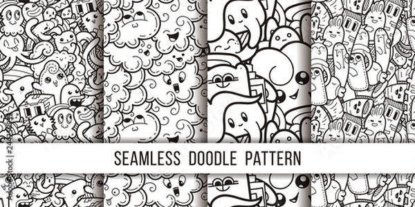 Fototapeta Collection of funny doodle monsters seamless pattern for prints, designs and coloring books