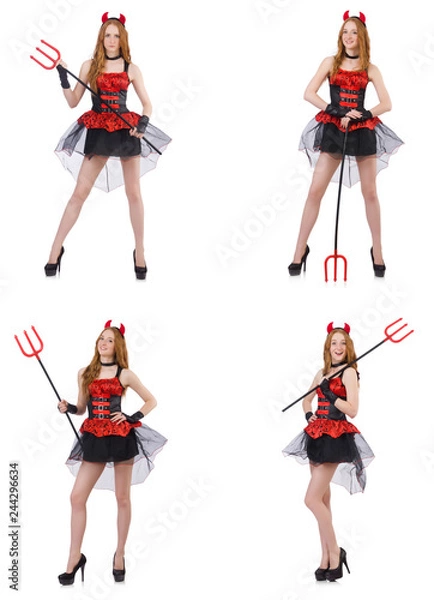 Fototapeta Woman devil with trident on white