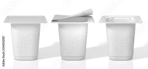 Obraz Three plastic cups for yoghurt with foil lid. 3D Illustration.