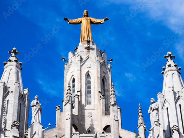 Fototapeta BARCELONA, SPAIN, Nov 1, 2018: Church of the Sacred heart of Jesus on Tibidabo mountain in Cathalonia. Perspective close up view from ground. No people