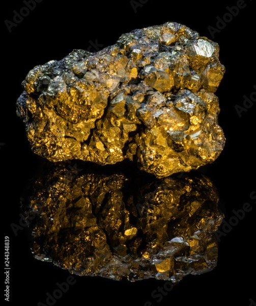 Fototapeta Small natural druse of pyrite on a black background with reflection