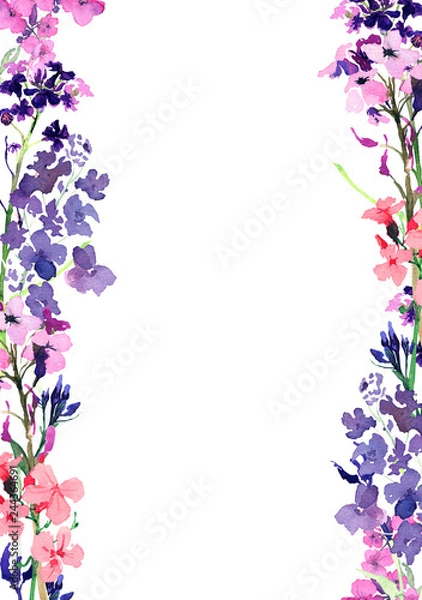 Fototapeta Hand drawn watercolor vertical frame with meadow small blue and pink flowers and herbs on white background. Design for cards, invitations, flyers.